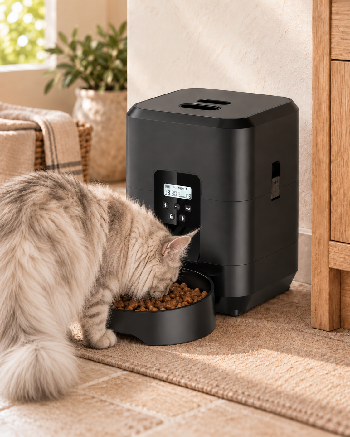 Automatic Cat Feeder Bolgheri — shown at home with cats