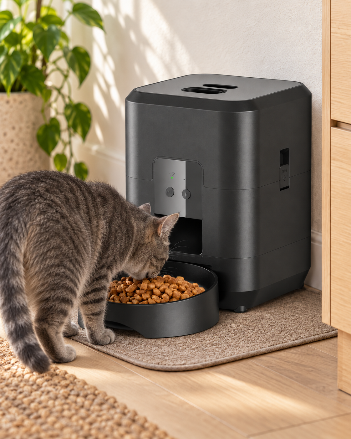 Automatic Cat Feeder Bolgheri — shown at home with cats