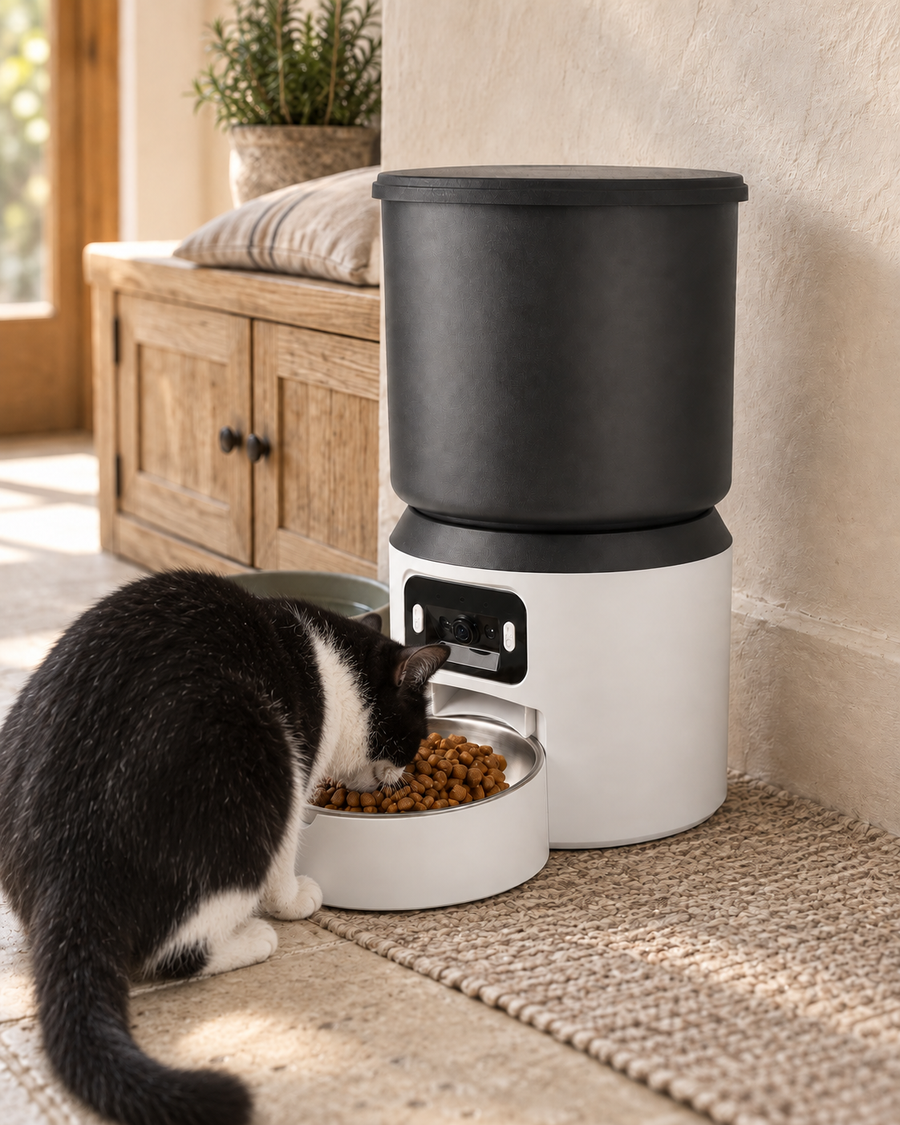Automatic Cat Feeder Capalbio — shown at home with cats