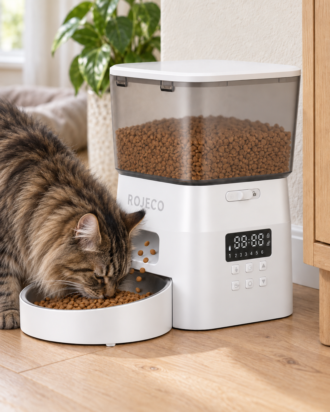 Automatic Cat Feeder Montepulciano — shown at home with cats