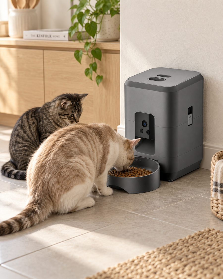 Automatic Cat Feeder Pienza — shown at home with cats