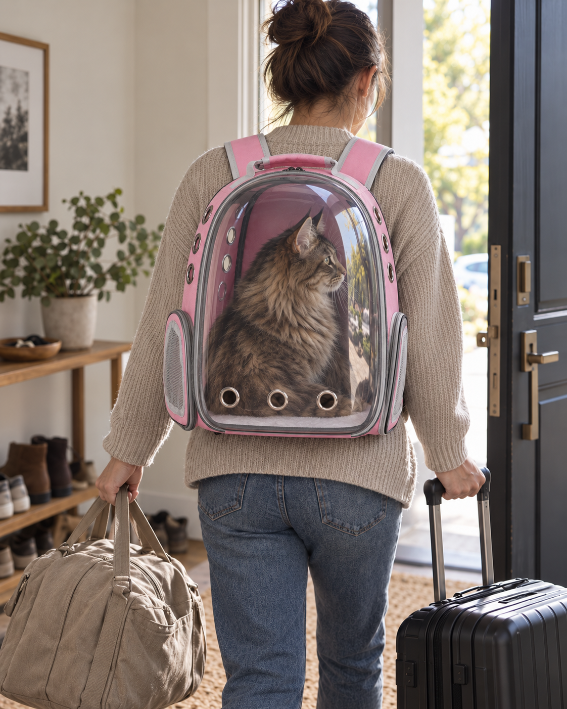 Bubble Cat Backpack Nettuno — shown at home with cats