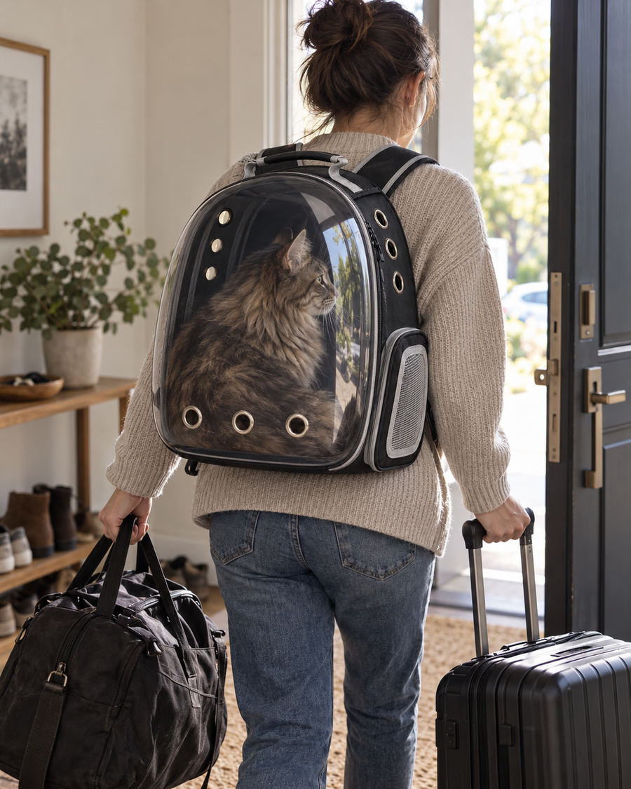 Bubble Cat Backpack Nettuno — shown at home with cats