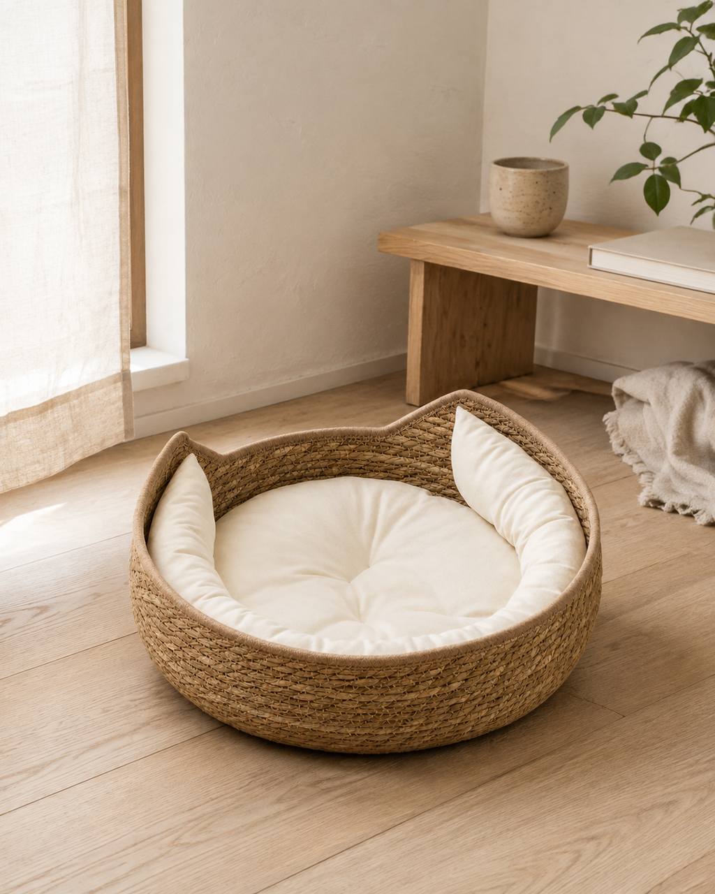 Cat Bed Vulcano in yellow — shown in a living room