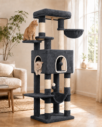 Cat Tree Marostica in dark grey — shown at home with cats