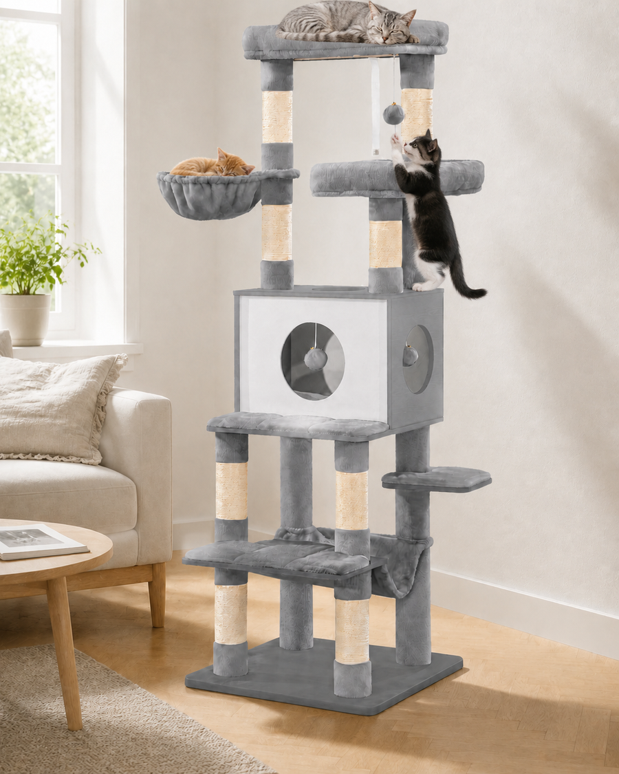 Cat Tree Rovereto in light grey — shown at home with cats