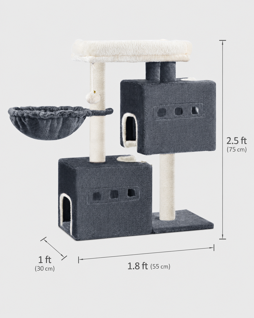 Compact Cat Tree Bonassola in dark grey — with dimensions in cm