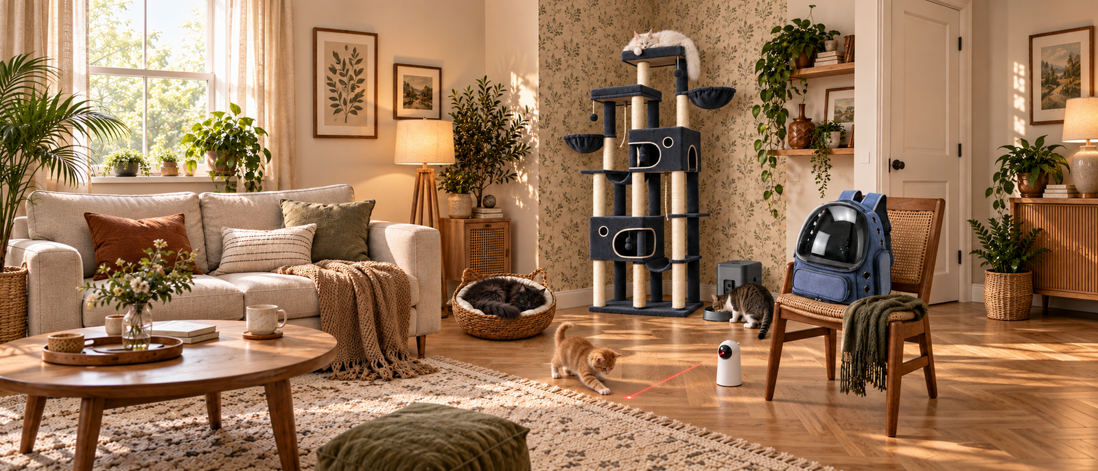 A living room with a tall navy cat tree, a woven cat bed, an automatic feeder, a laser toy and a bubble backpack carrier, with cats using them