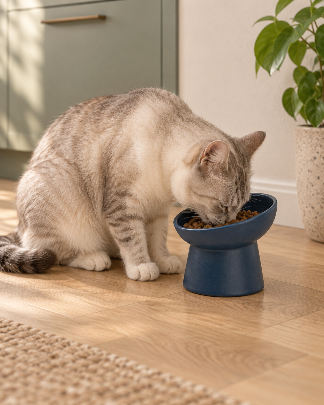 Raised Cat Bowl Trevi — shown at home with cats
