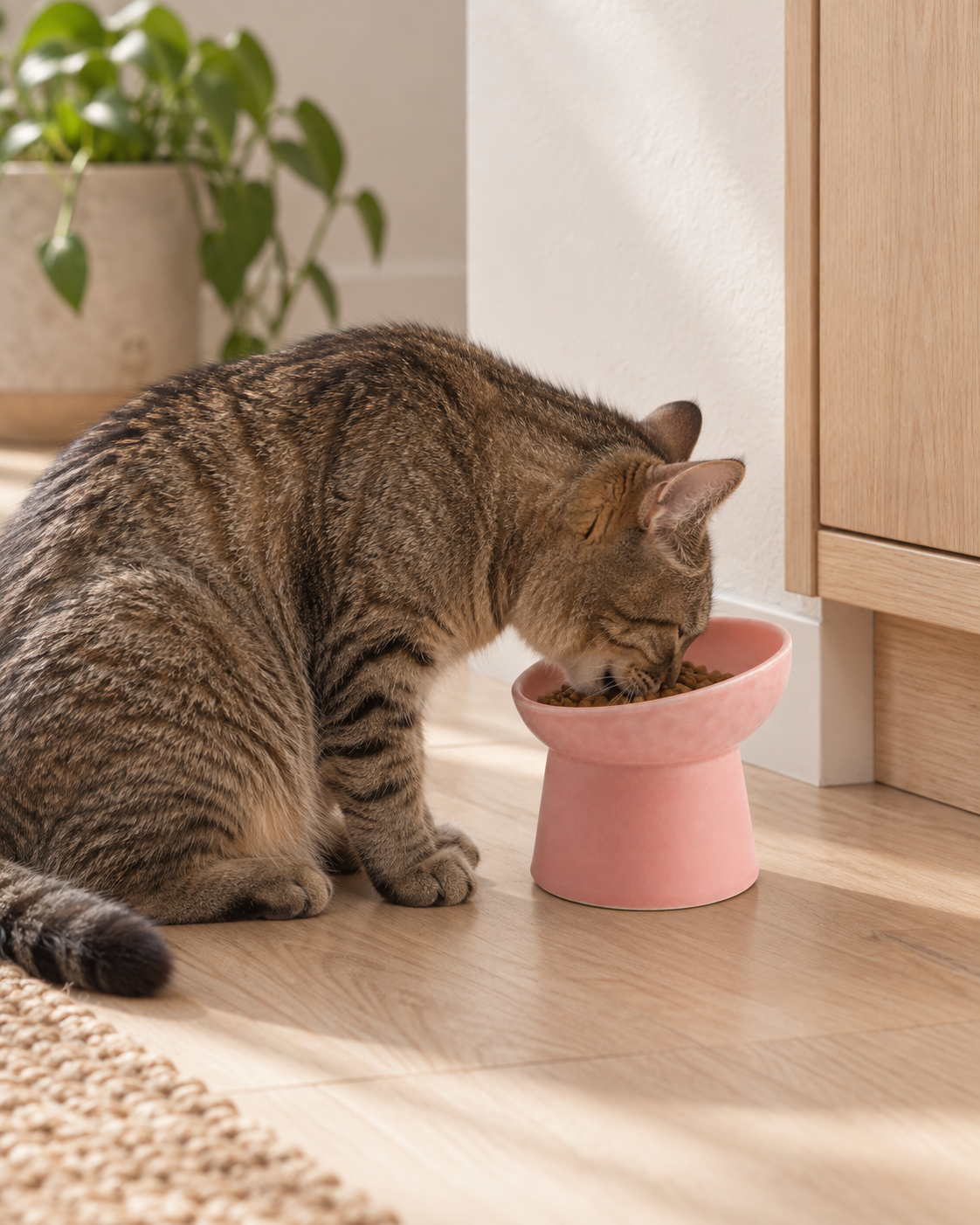 Raised Cat Bowl Trevi — shown at home with cats