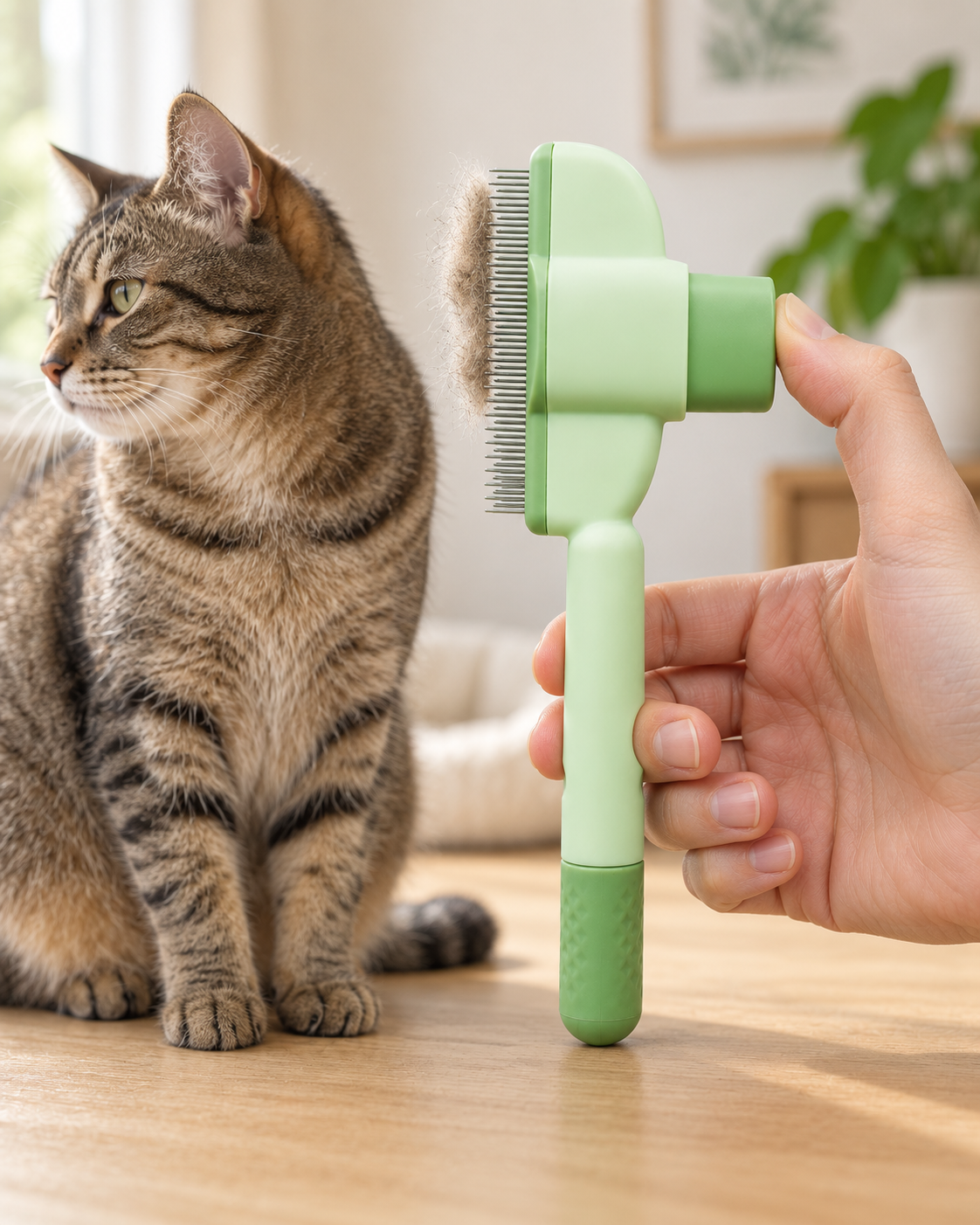 Self-Cleaning Cat Comb Sirolo — shown at home with cats