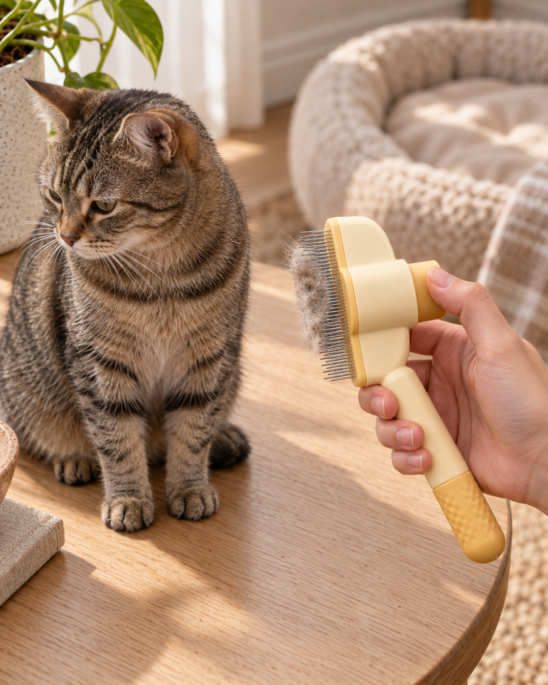 Self-Cleaning Cat Comb Sirolo — shown at home with cats
