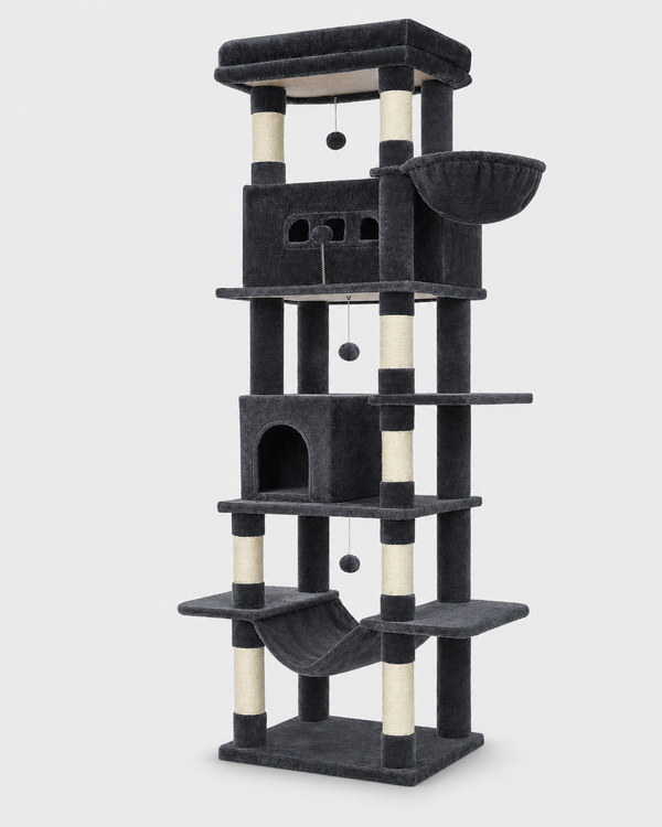 XXL Cat Tree Brunico in dark grey — 210cm large multi-level cat tree with sisal scratching posts