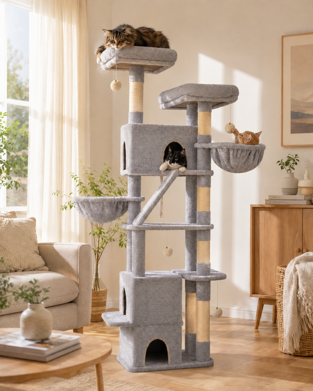 XXL Cat Tree Cernobbio in dark grey — shown at home with cats