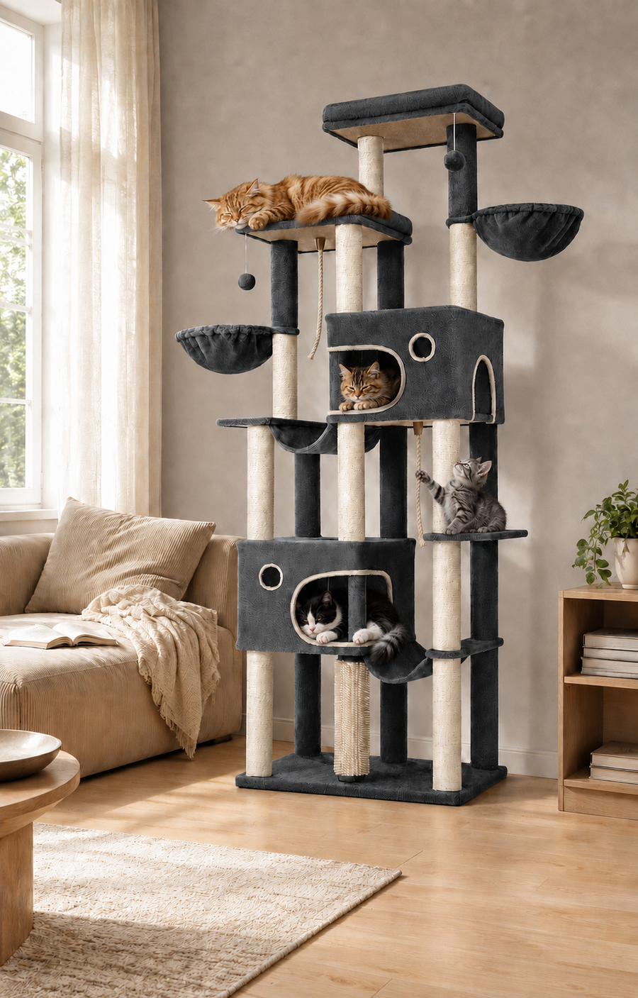 XXL Cat Tree Sarnico in dark grey — shown at home with cats